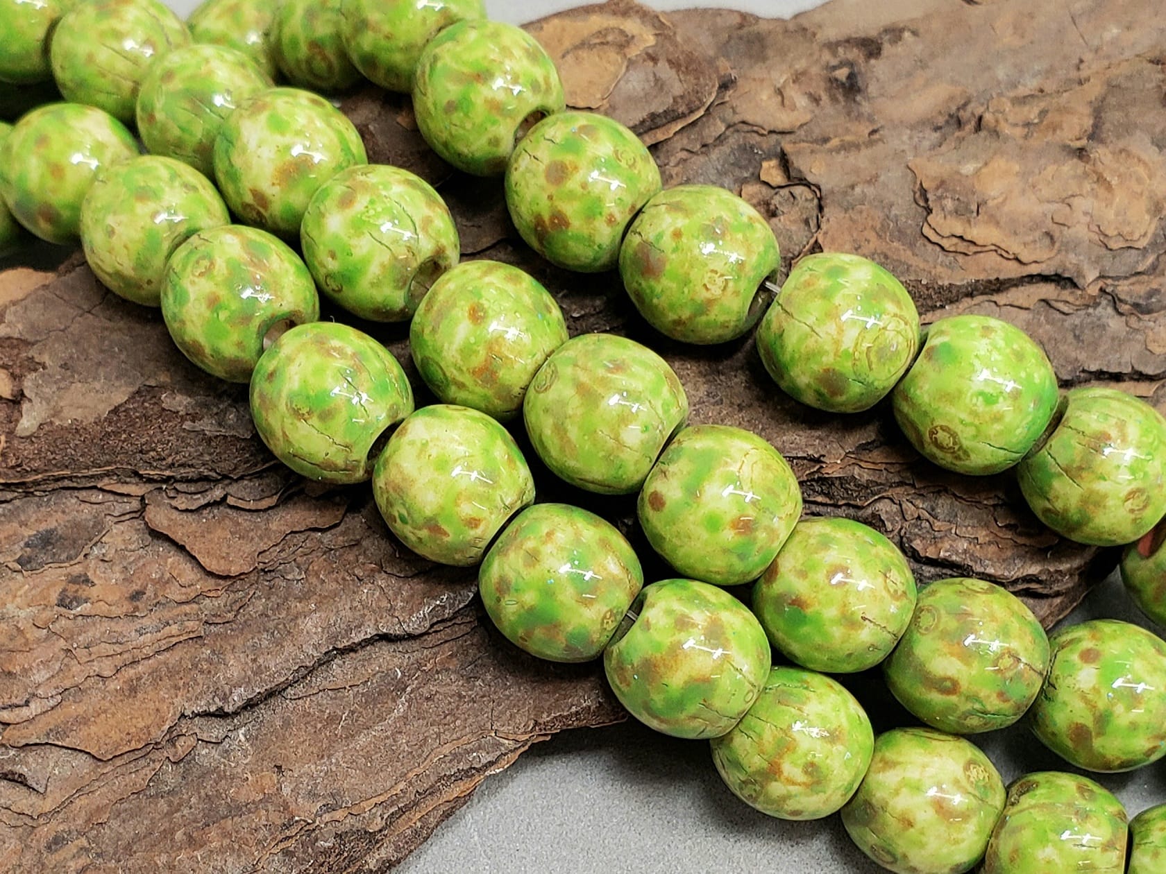 Moss - Large Hole Aged Picasso Czech Druks - 8mm - 6" Strand/20pcs