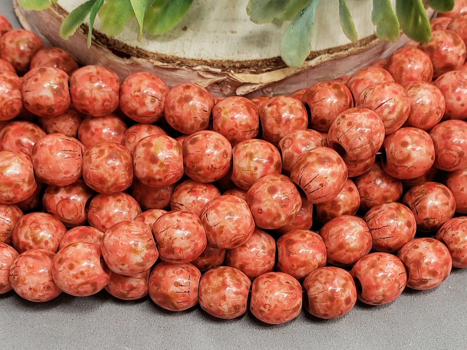 Papaya - Large Hole Aged Picasso Czech Druks - 8mm - 6" Strand/20pcs