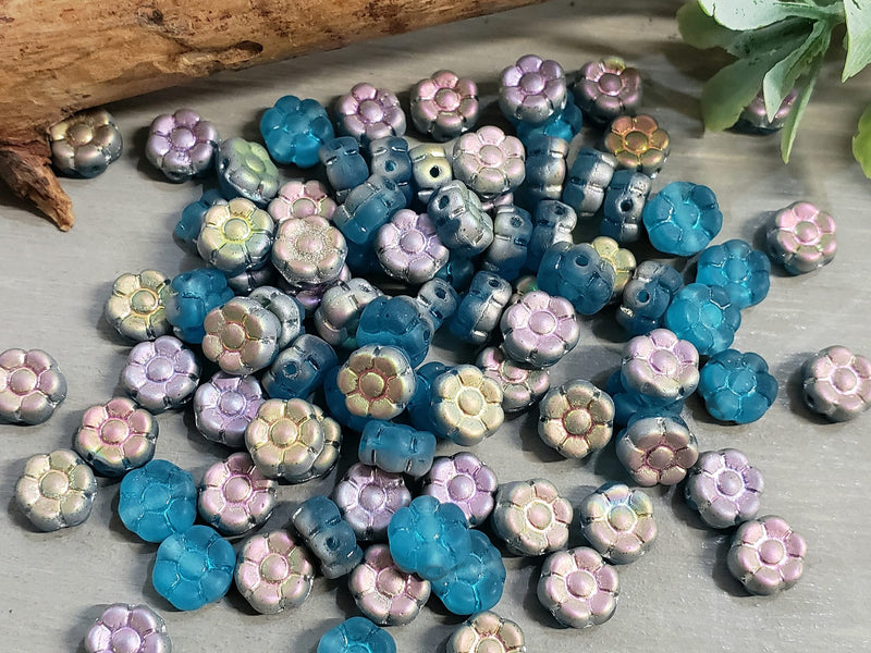 Frosted Aqua Vitrail - Czech Daisy Flower - 5mm - 15pcs