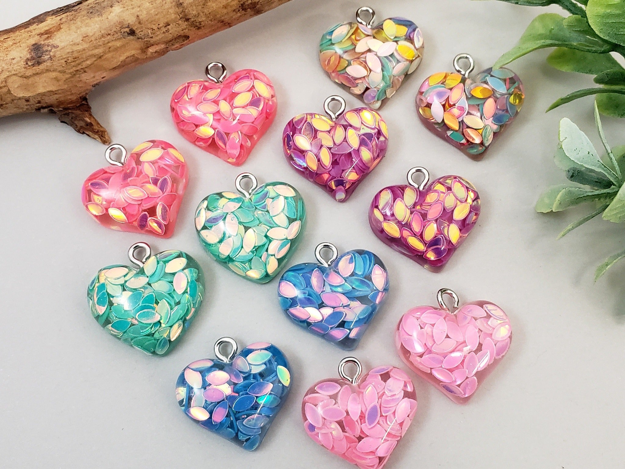Glitter Hearts Resin Charms - Assort Colors - 20mm - 6pcs
