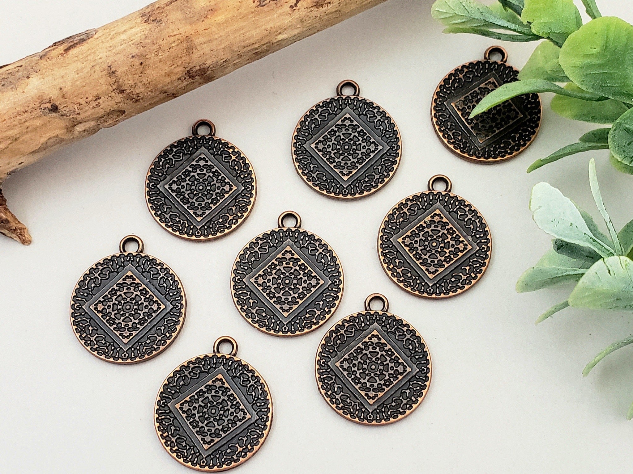 Antique Copper Textured Coin Charms - 15mm - 10pcs