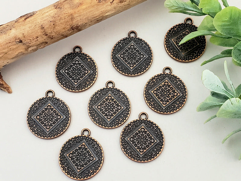 Antique Copper Textured Coin Charms - 15mm - 10pcs