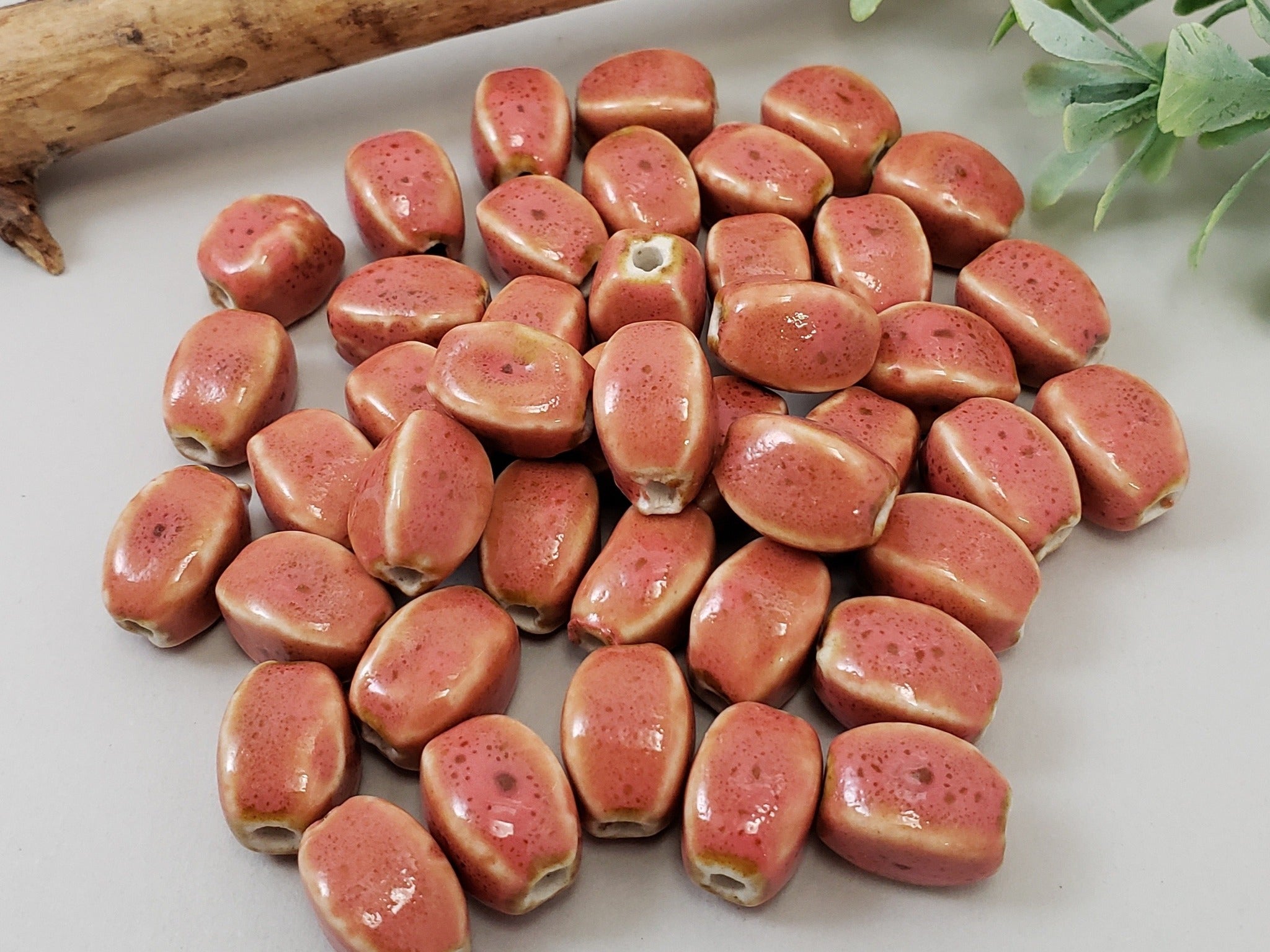 Watermelon Pink - Oval Melon Glazed Porcelain Beads - 12x10mm - 10pcs