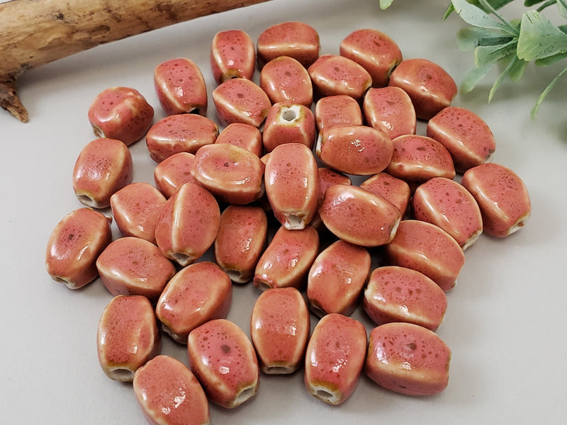 Watermelon Pink - Oval Melon Glazed Porcelain Beads - 12x10mm - 10pcs
