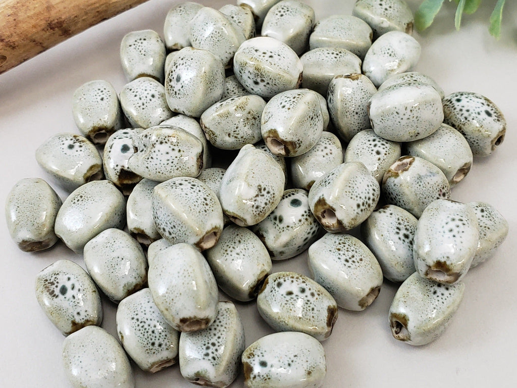 Seafoam Sage - Oval Melon Glazed Porcelain Beads - 12x10mm - 10pcs