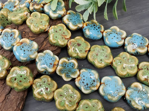Avocado Green - Glazed Porcelain Flower Beads - 15mm - 10pcs