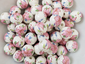 Flamingo Pink - Porcelain Ceramic Flower Beads - 12mm - 10pcs