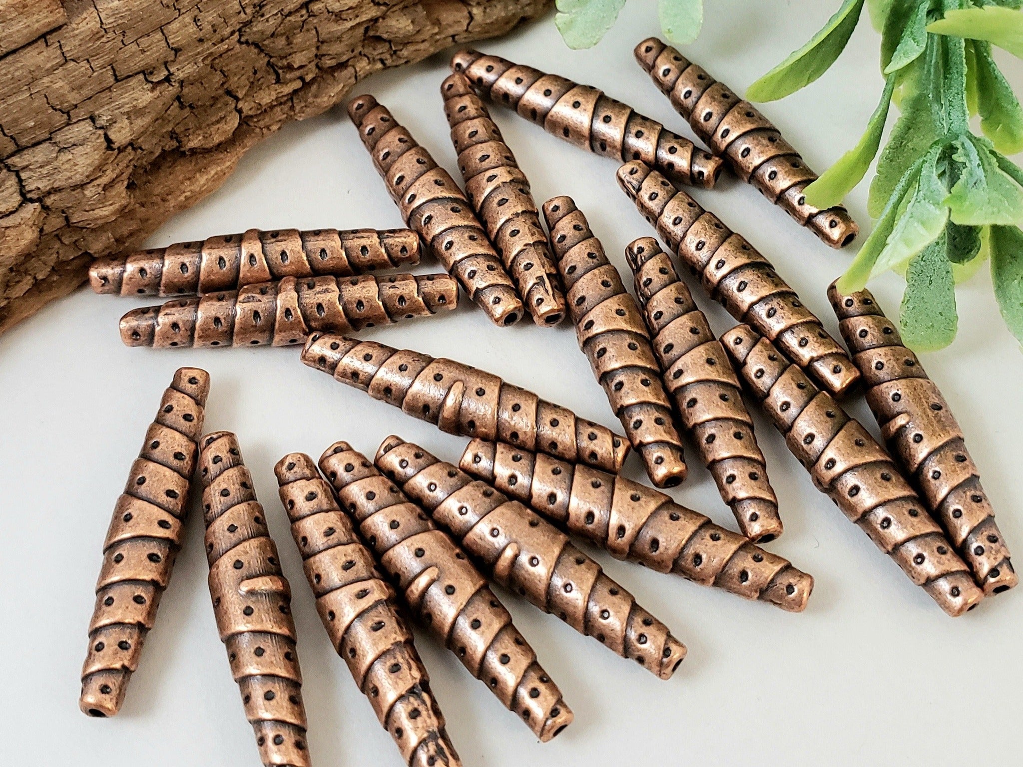 Fancy Antique Copper Brass Elongated Bicone Focal - 25mm - 6pcs