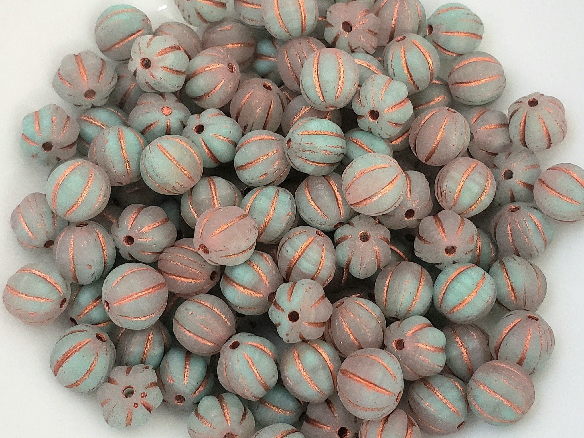 Seafoam Copper Wash - Czech Melon Beads  - 8mm - 20pcs