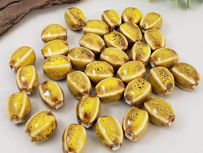 Ochre Yellow - Oval Melon Glazed Porcelain Beads - 12x10mm - 10pcs