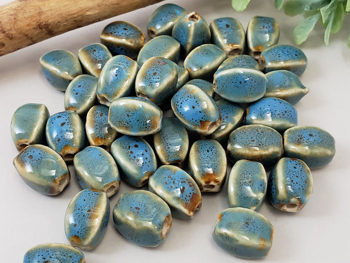 Teal Blue - Oval Melon Glazed Porcelain Beads - 12x10mm - 10pcs