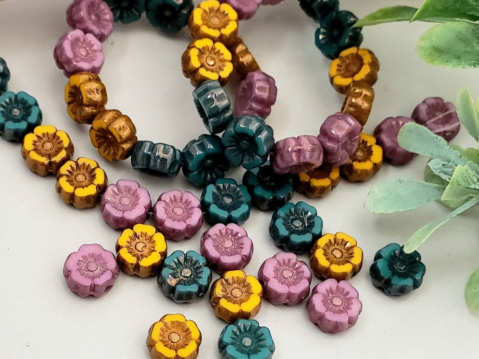 Opaque Teal Ochre Purple Silk - Table Cut Czech Flower Beads - 7mm - 12pcs