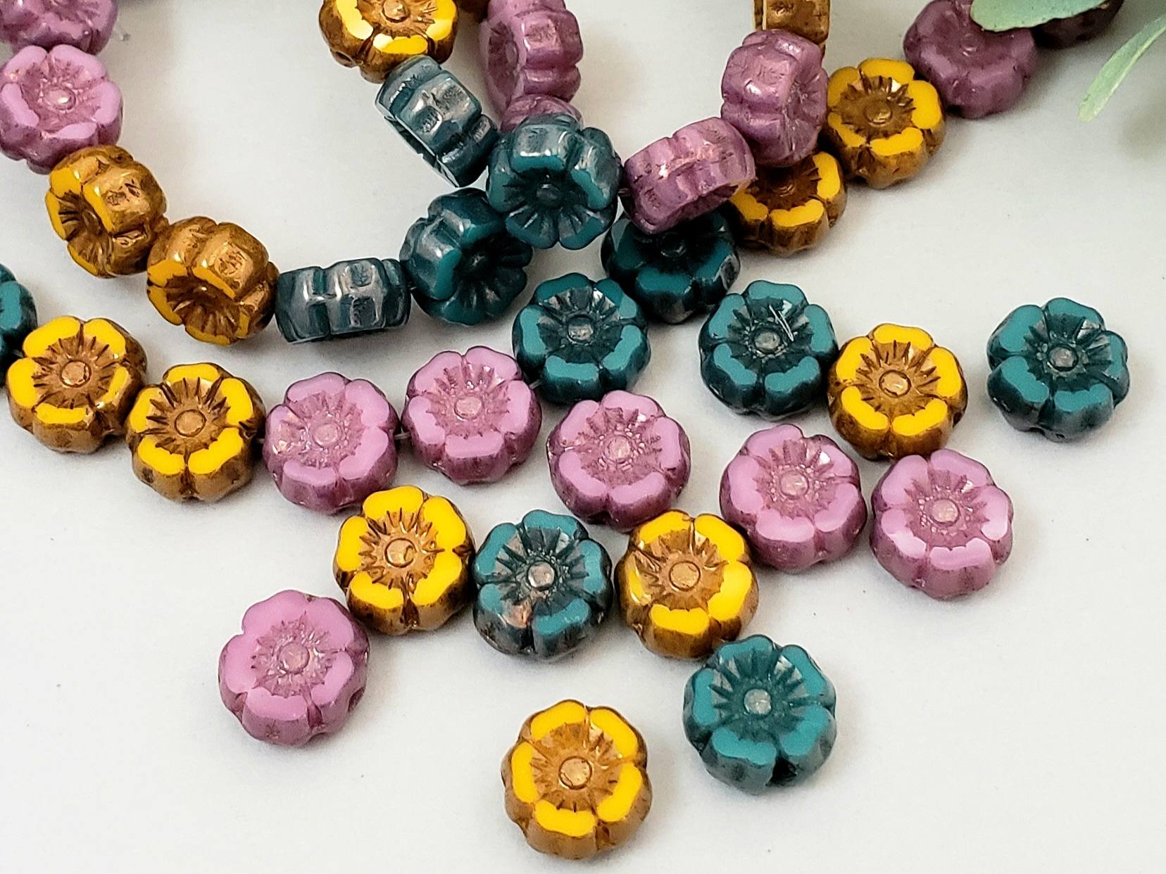 Opaque Teal Ochre Purple Silk - Table Cut Czech Flower Beads - 7mm - 12pcs