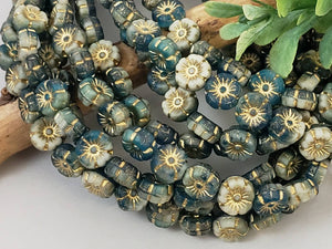 Teal Green Cream Mix - 2 Tone Czech Flower Beads - 10mm - 10pcs