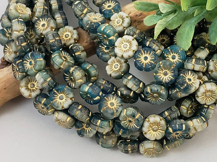 Teal Green Cream Mix - 2 Tone Czech Flower Beads - 10mm - 10pcs
