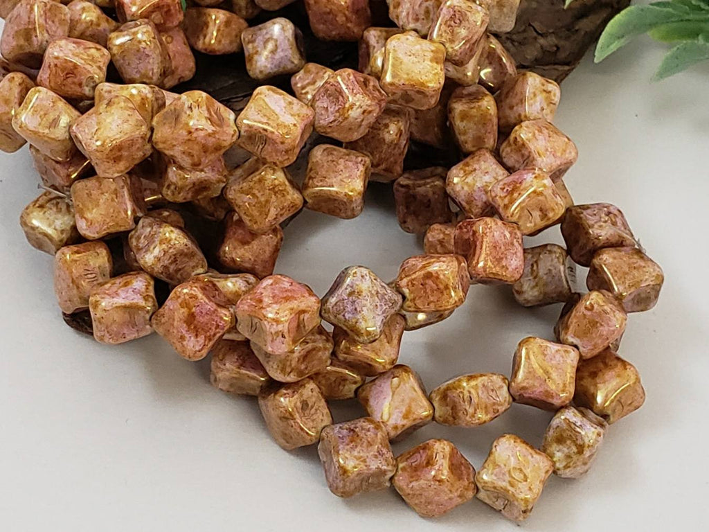 Pink/Purple Gold Luster Bronze - Diagonal Czech Cube - 14mm - 10pcs