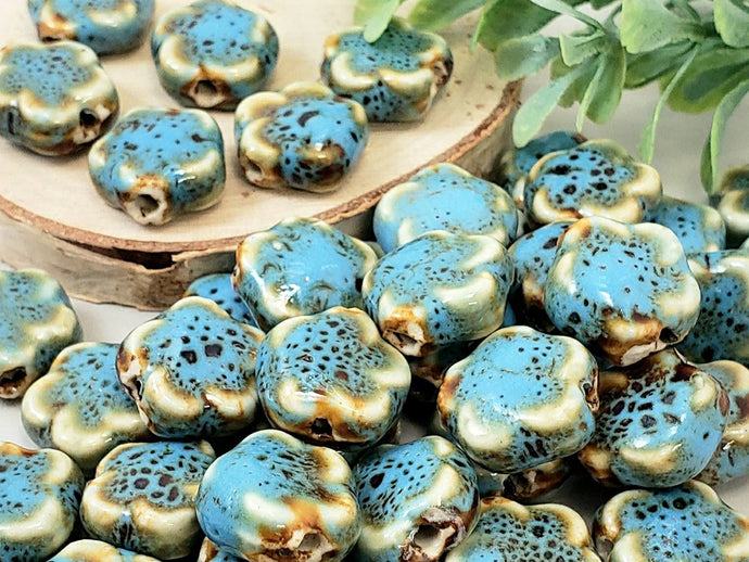 Teal Green - Glazed Porcelain Flower Beads - 15mm - 10pcs