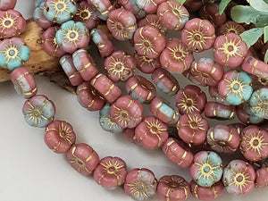 Coral Pink Turquoise Mix - 2 Tone Czech Flower Beads - 10mm - 10pcs