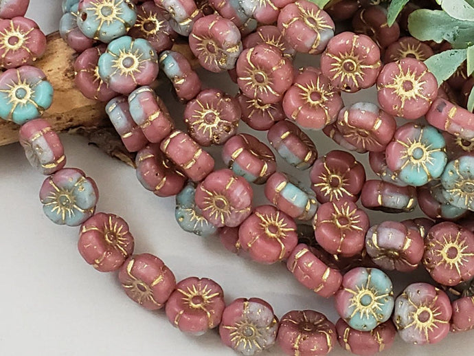 Coral Pink Turquoise Mix - 2 Tone Czech Flower Beads - 10mm - 10pcs