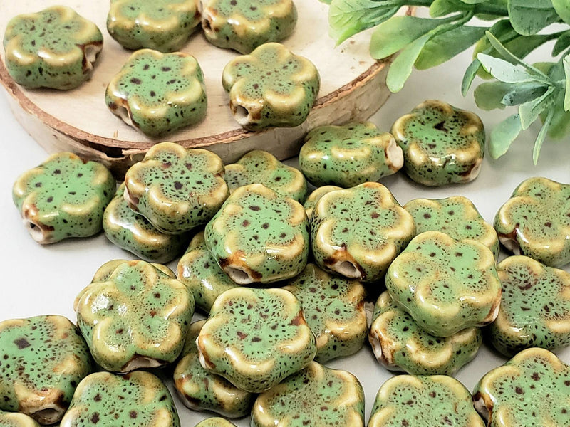 Avocado Green - Glazed Porcelain Flower Beads - 15mm - 10pcs