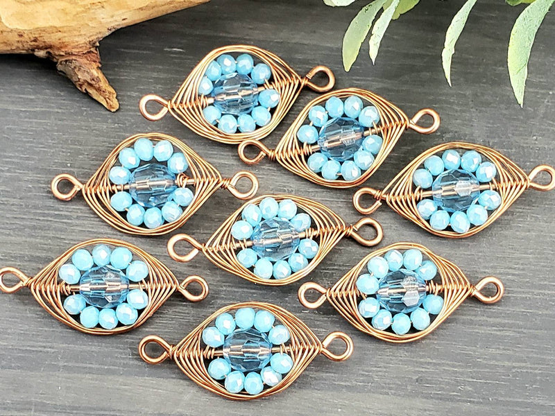 Blue Crystals Flower - Handwired Herringbone Links - 25mm - 2pcs
