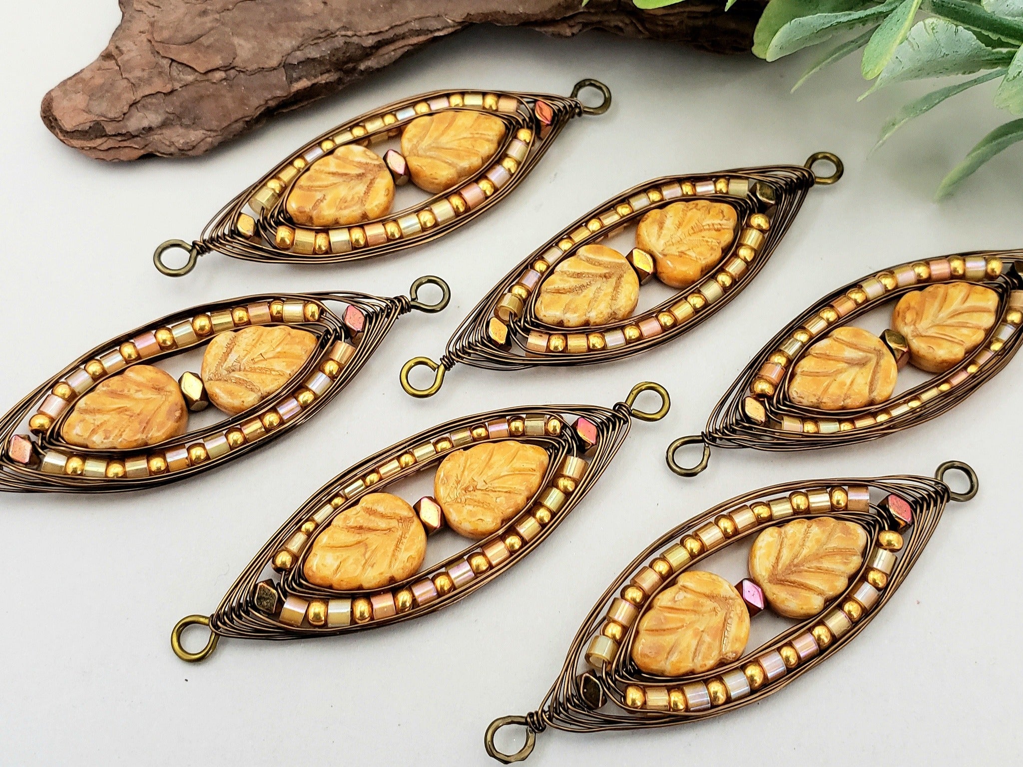 Ochre Czech Leaves- Handwired Herringbone Links - 50x15mm - 2pcs