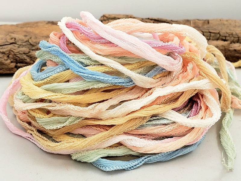 Pastel - Hand Dyed Fairy Ribbon - Habotai Silk - Crinkle Ribbon - approx 40"