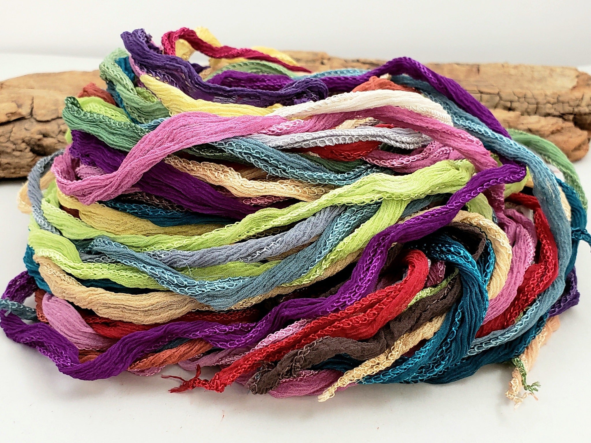 Solids- Hand Dyed Fairy Ribbon - Habotai Silk - Crinkle Ribbon - approx 40"