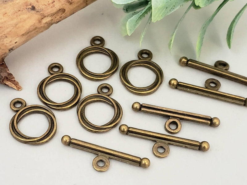 Antique Bronze Double Ring Toggle Clasp - 5 sets