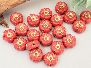 Coral Red Gold Wash - Czech Flower Beads - 8mm - 10pcs