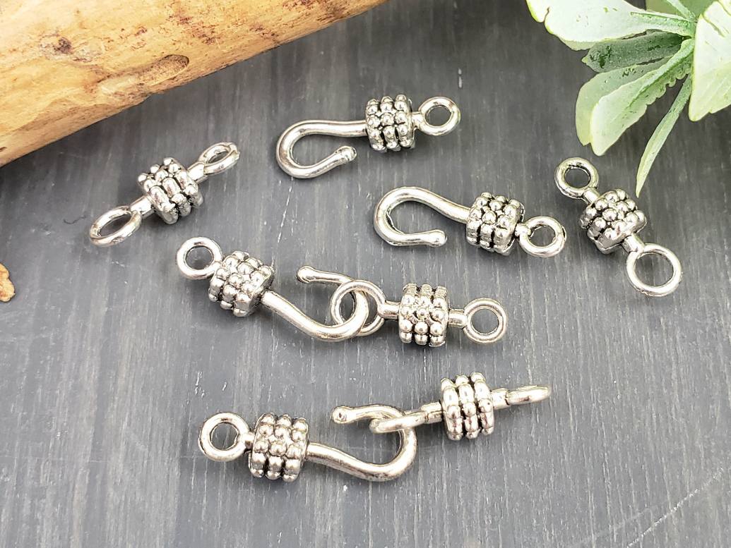 Antique Silver Textured Fish Hook Clasps - 4 sets