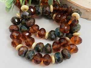 Earthy Green Picasso Cream & Amber - Designer Czech Rondelle Mix - 9x6mm - 20pcs