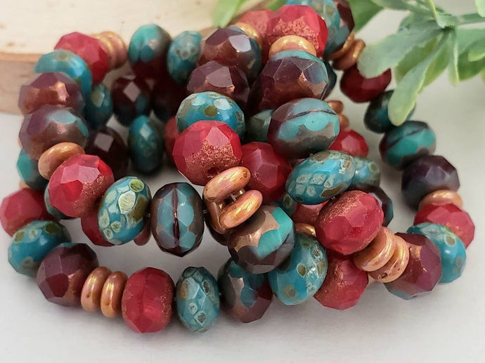 Aqua Picasso, Rustic Red, Bronze - Designer Czech Rondelle Mix - 9x6mm - 20pcs