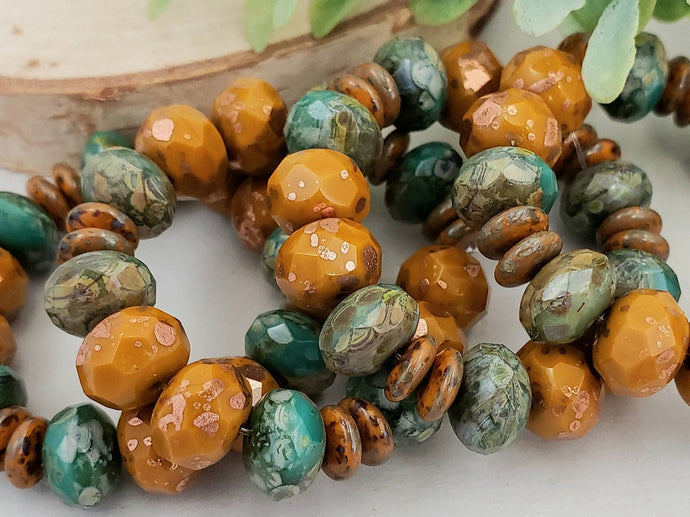 Mustard Gold, Moss Green, Rustic Copper - Designer Czech Rondelle Mix - 9x6mm - 20pcs
