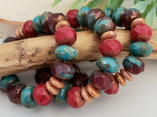 Load image into Gallery viewer, Aqua Picasso, Rustic Red, Bronze - Designer Czech Rondelle Mix - 9x6mm - 20pcs
