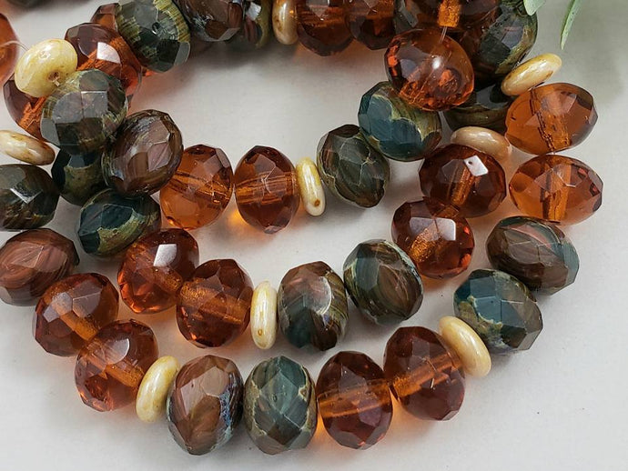Earthy Green Picasso Cream & Amber - Designer Czech Rondelle Mix - 9x6mm - 20pcs