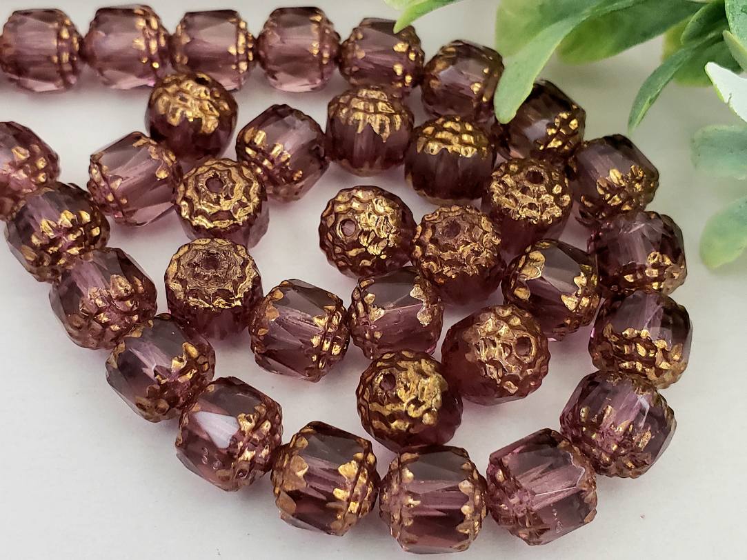 Amethyst Bronze Edge - Czech Cathedral Beads - 8mm - 15pcs