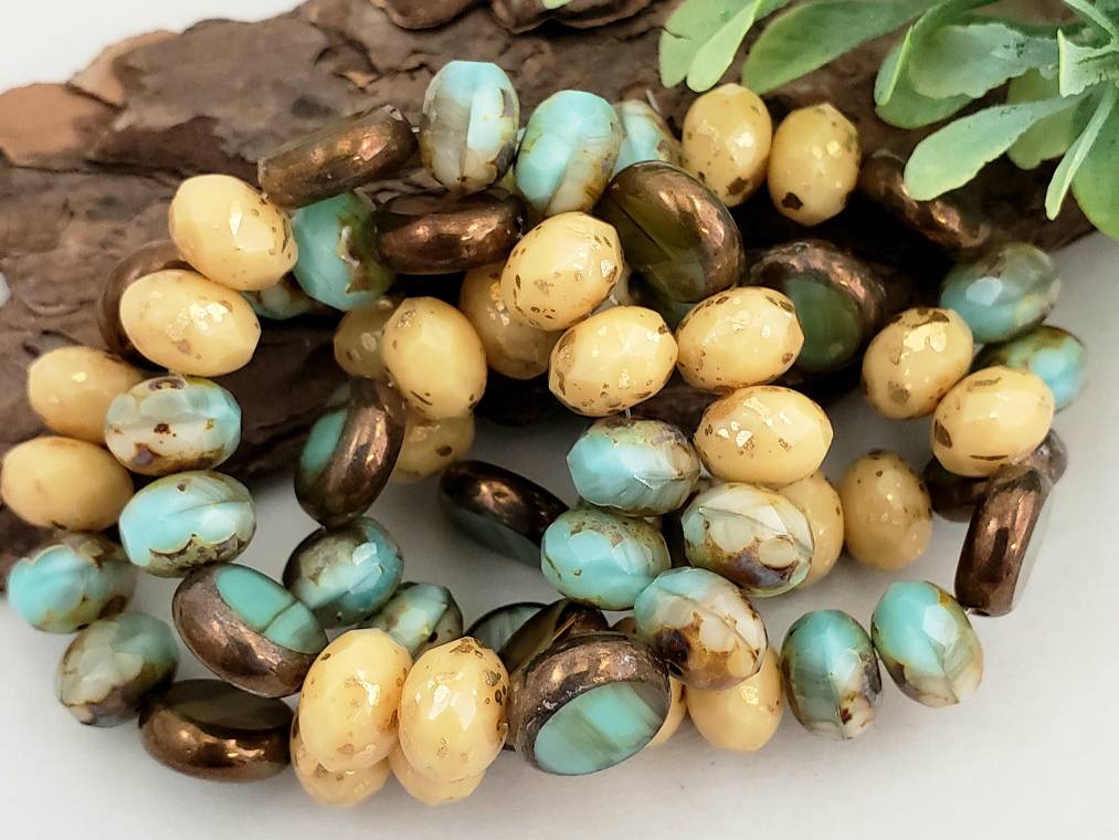 Turquoise Caramel Creamy Ivory - Designer Czech Rondelle Coin Mix - 9x6mm - 16pcs