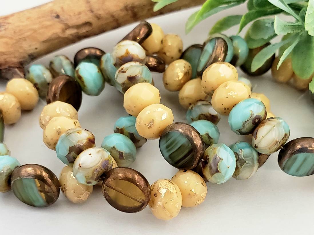 Turquoise Caramel Creamy Ivory - Designer Czech Rondelle Coin Mix - 9x6mm - 16pcs