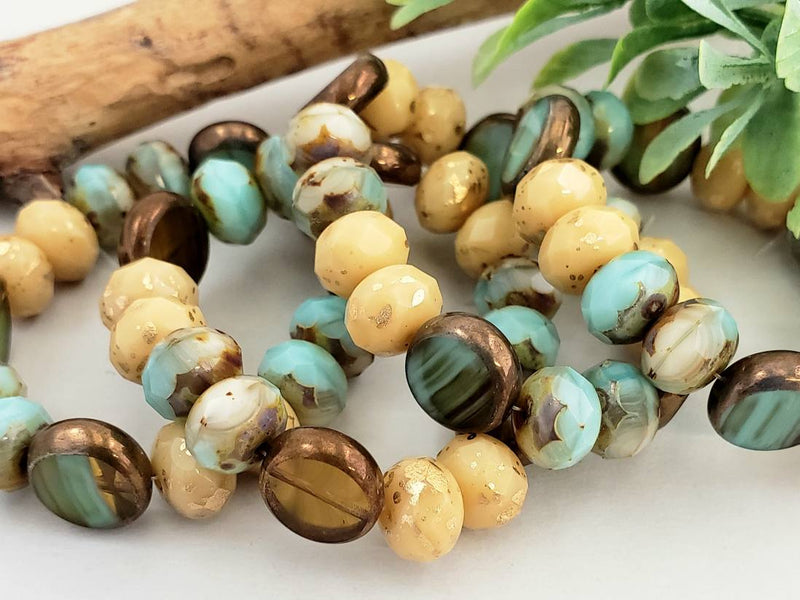 Turquoise Caramel Creamy Ivory - Designer Czech Rondelle Coin Mix - 9x6mm - 16pcs