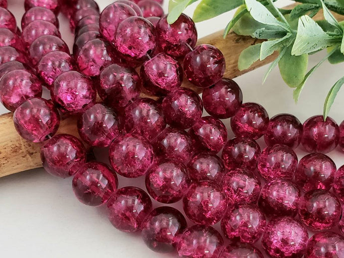 Magenta Purple Crackled Glass Beads - 10mm - 7.5