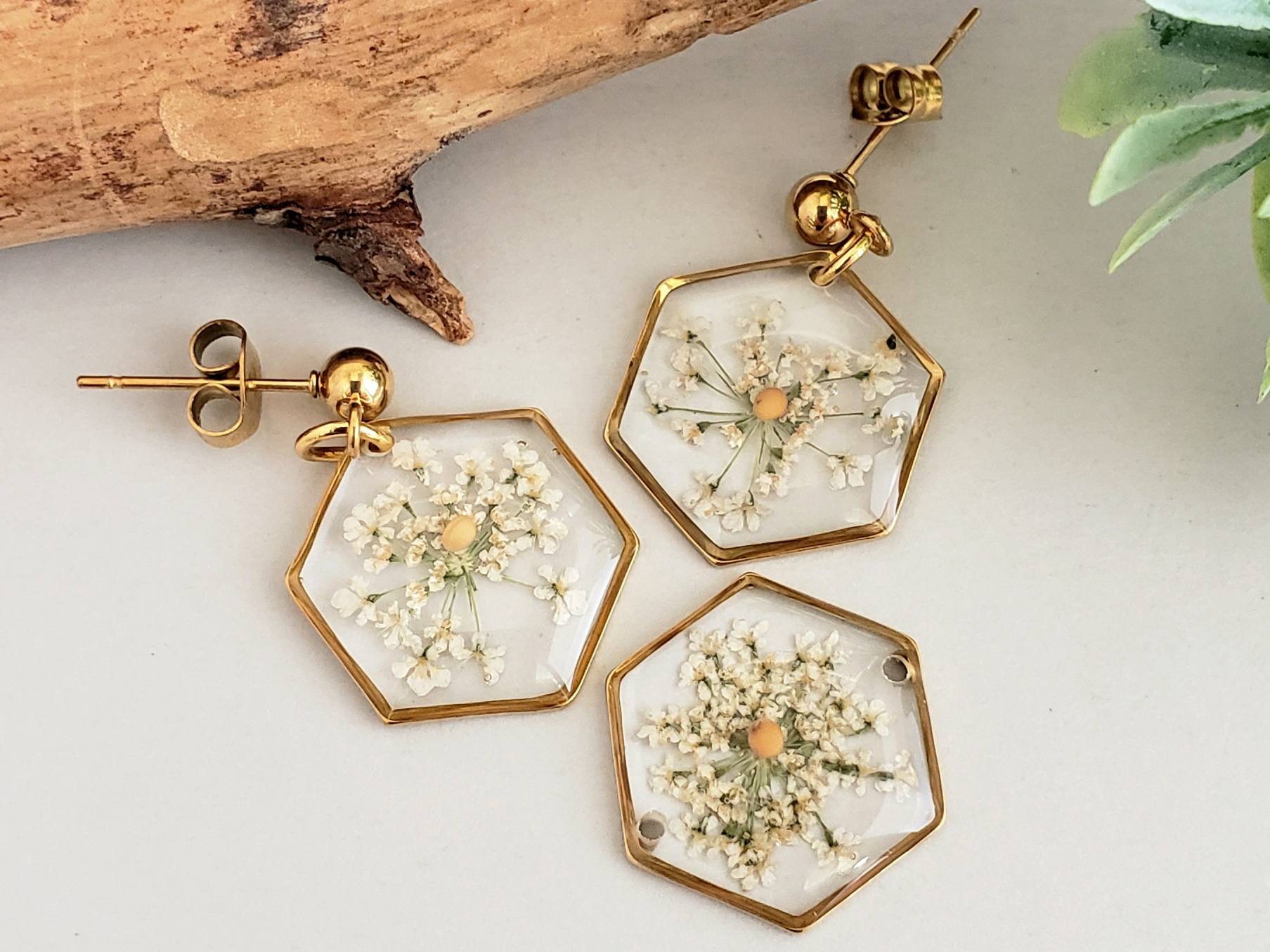 3pc Queen Anne Lace Dried Flower - Stainless Steel Hexagon Connector & Earring Set - 15mm