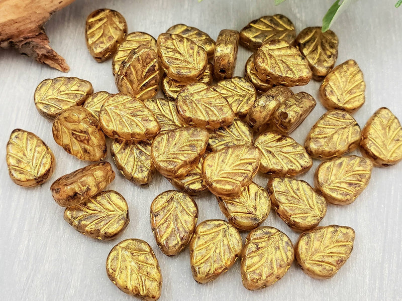Antique Gold Wash - Czech Mint Leaf - 10x8mm - 20pcs