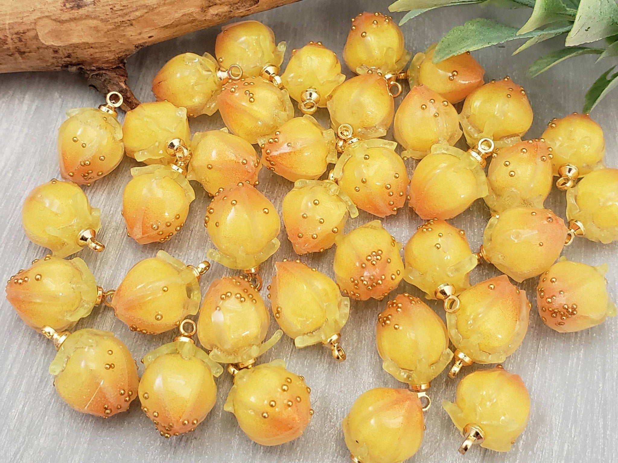 2-Tone Marigold - Rosebud Flower Resin Charms - 10x14mm - 2pcs