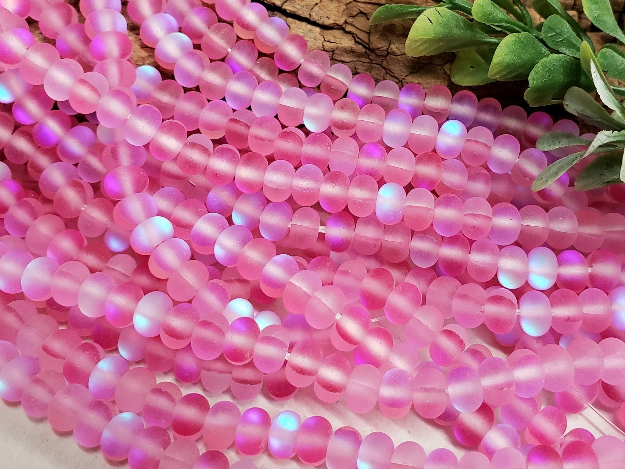 Matte Raspberry Pink - Mermaid Aurora Rondelle Beads - 6x4mm - 7.5" Strand