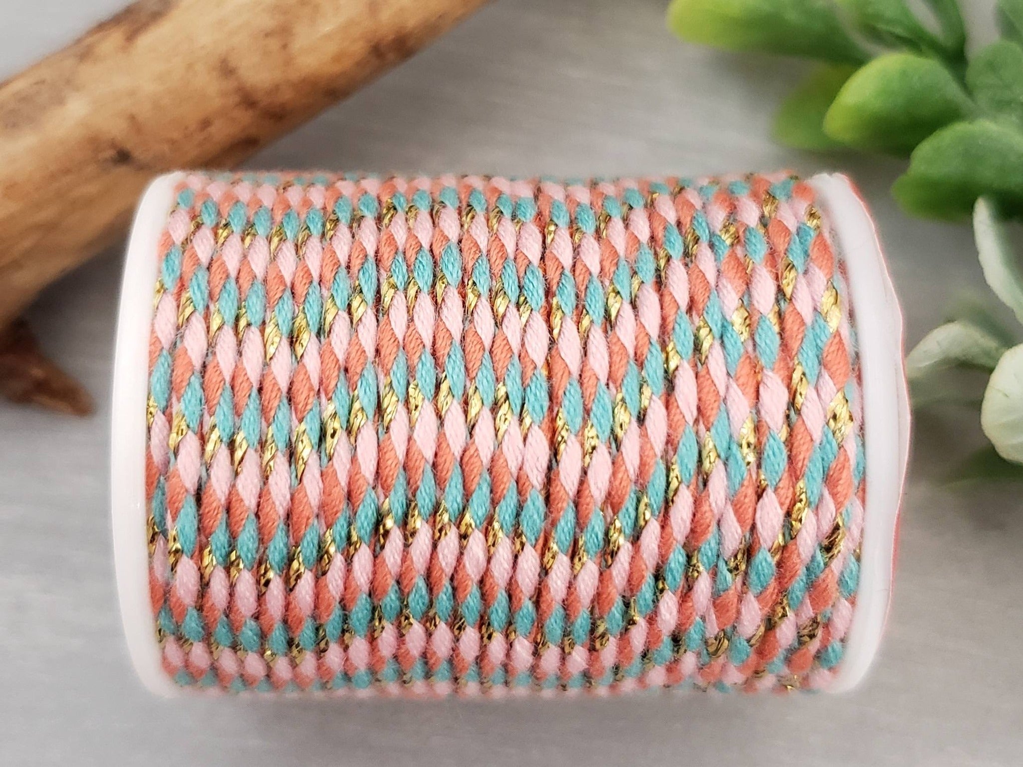 Pink Turquoise Salmon w/Gold - Poly Cotton Cord - 4yds/Roll