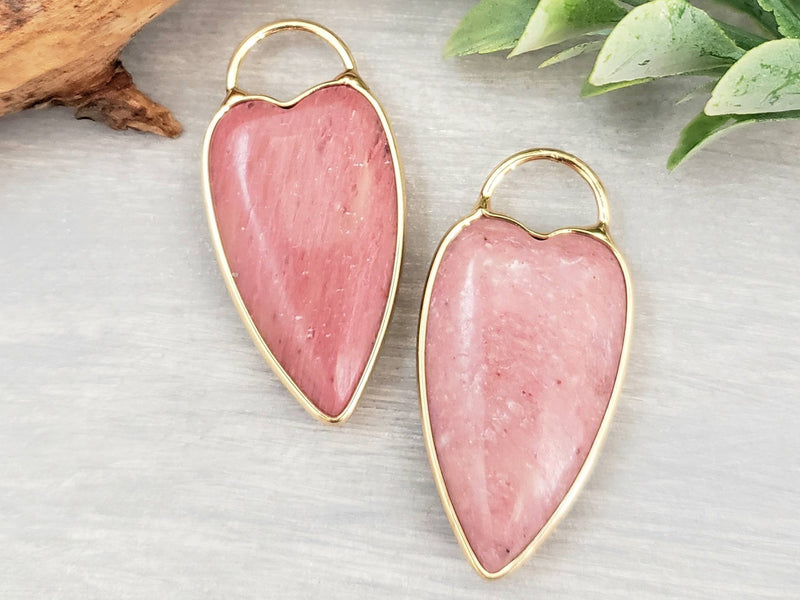 Pink Rhodonite - Gold Plated Heart Shape Gemstone Pendant - 35mm - 1pc