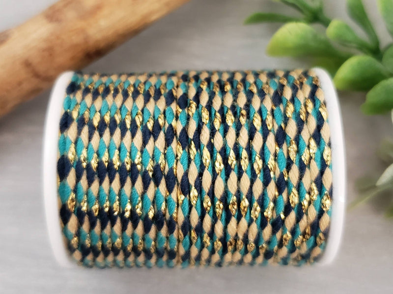 Turquoise Teal Cream w/Gold - Poly Cotton Cord - 4yds/Roll