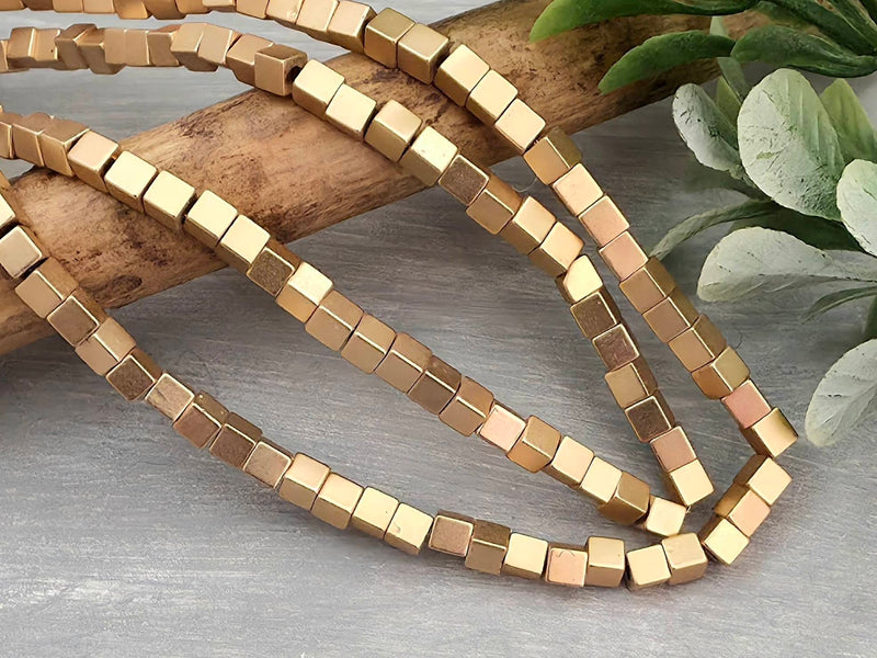 14k Champagne Gold Matte - Hematite Cubes - 4mm - 8"Strand