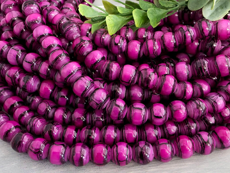 Magenta - Wood Grain Pattern Glass Beads - 8mm - 7" Strand/Loose
